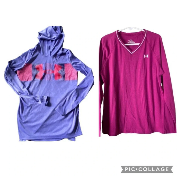 UNDER ARMOUR SET HEAR GEAR EUC GIRLS PURPLE HOODED HOODIE SHIRT TOPS SIZE YMD M - Picture 1 of 8